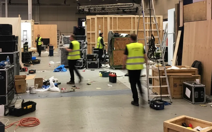 Een foto van een grote beurshal waar het proces van de beursstand aankleding zichtbaar is.