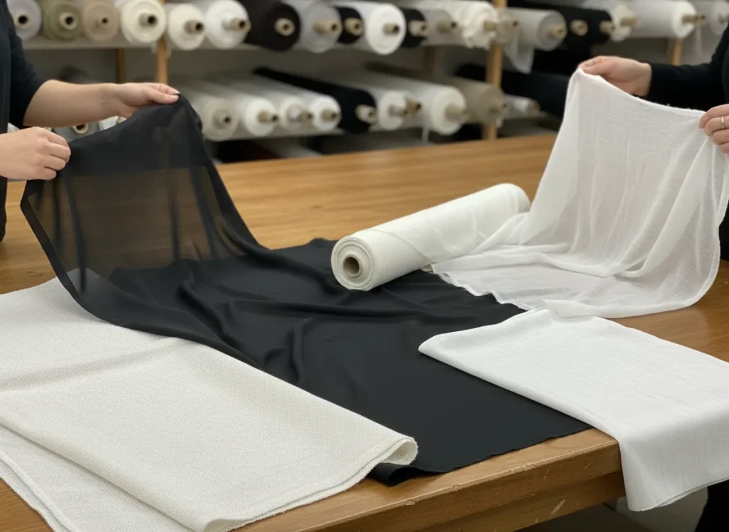 Close-up in het naaiatelier van GJ Fabrics waar specialisten verschillende stoffen beoordelen voor wandbekleding, met rollen kaasdoek, flanel, stretchflanel, voile, shirting en canvas in beeld.