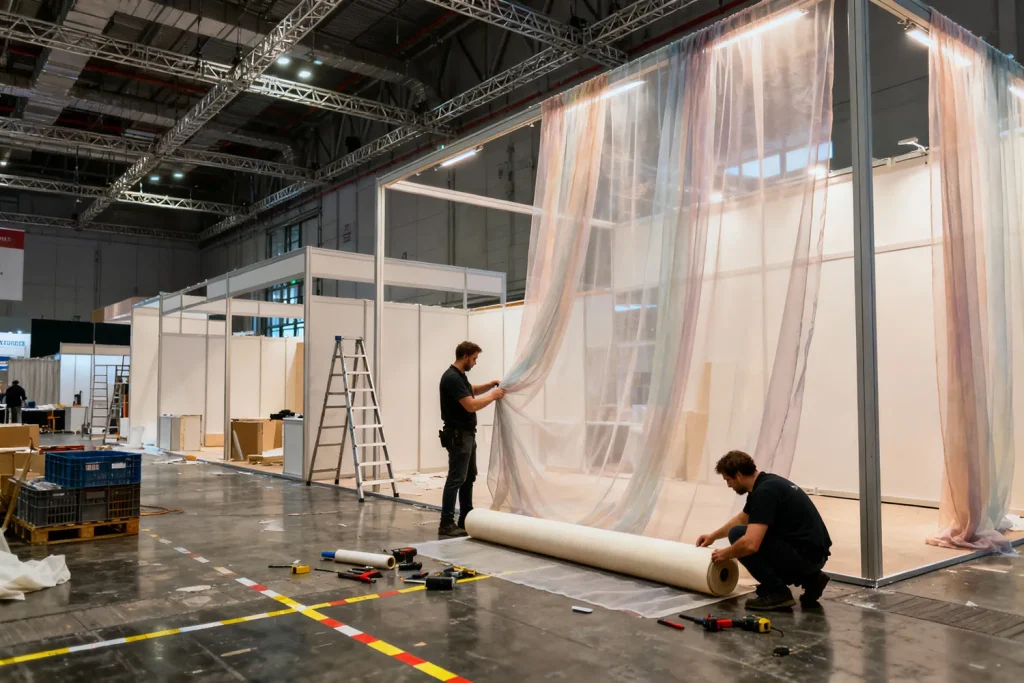 Technici rollen Voile stof uit tijdens de opbouw van een beursstand, met zichtbare Voile stof eigenschappen in een realistische werkomgeving.