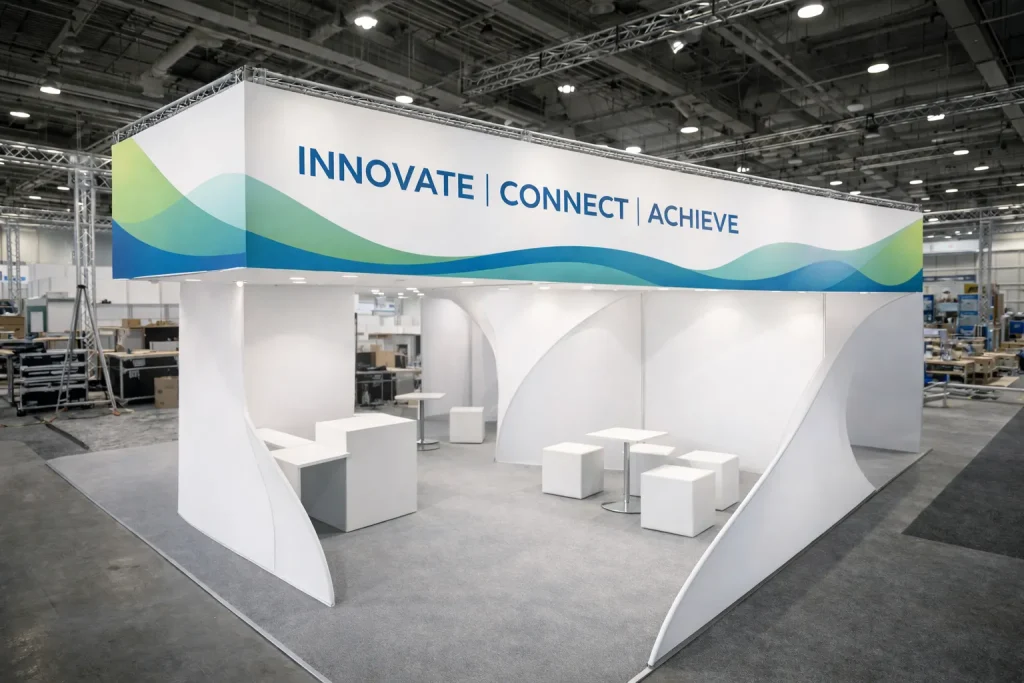 Aluflex flexibel aluminium systeem met gebogen wanden bespannen met wit stretchflanel op moderne beursstand