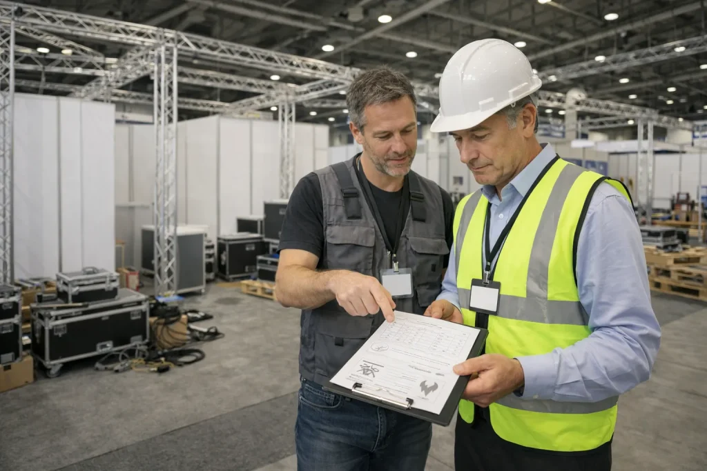 Standbouwer toont materiaalspecificaties en brandveiligheidsdocumentatie aan beursorganisator tijdens standopbouw voor brandwerende gordijnen certificering