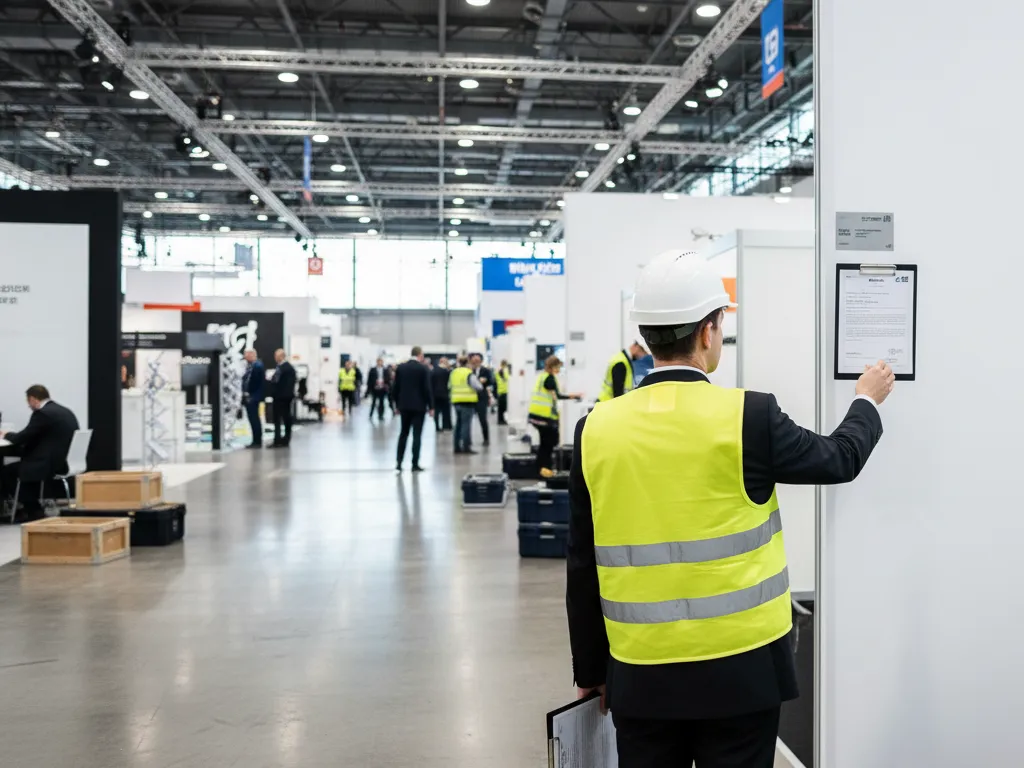 Brandveiligheidsinspectie bij beursstand met gecertificeerd brandvertragend doek en B1/M1 certificaten