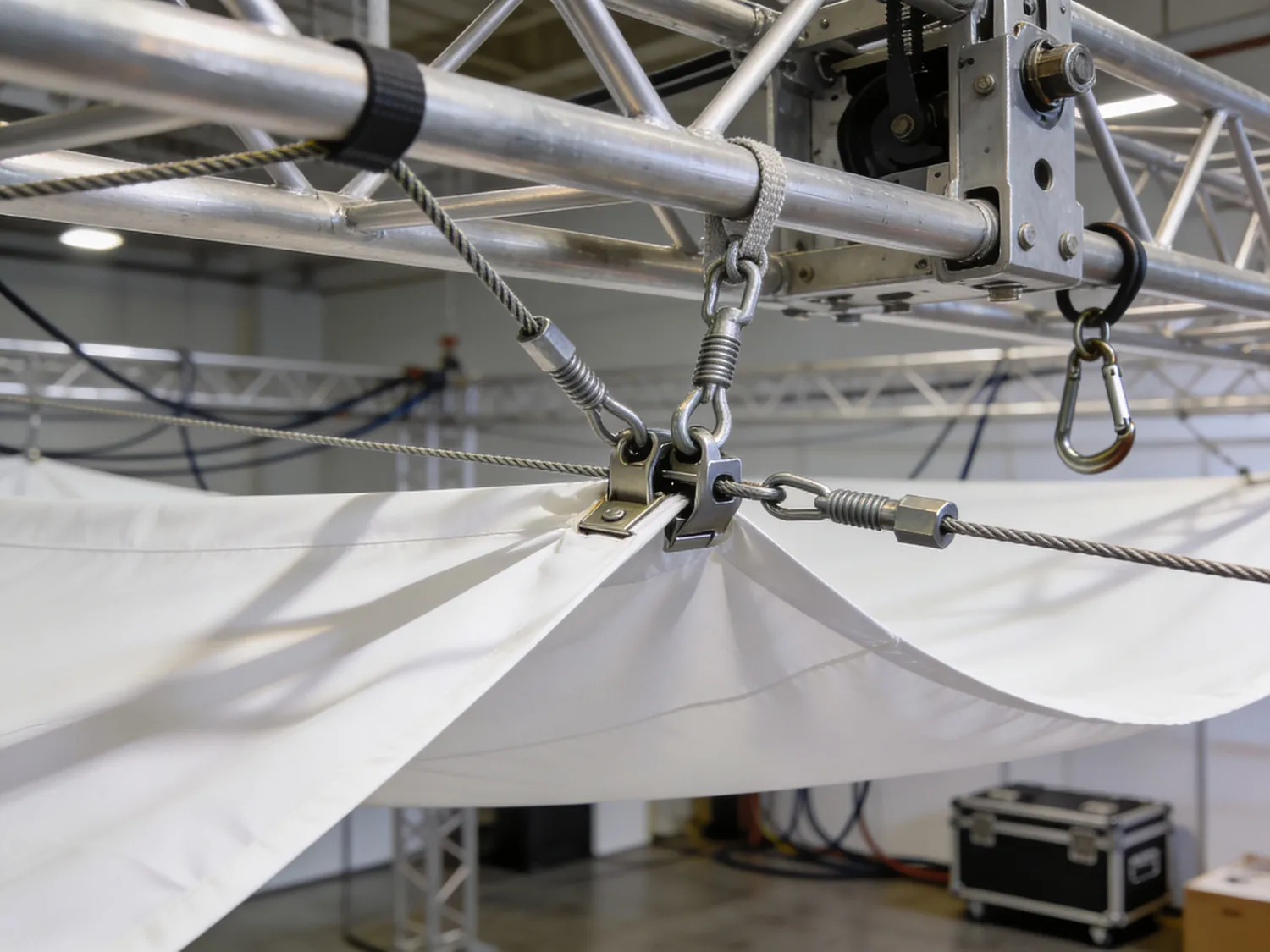 Truss-montage systeem voor plafond doek spannen met spankoorden en bevestigingsclips