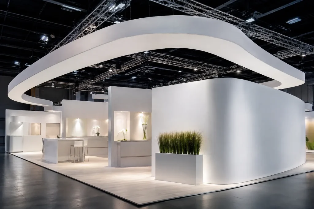 Truss doek rond organische Aluflex constructie met strakke witte textielafwerking op moderne beursstand.