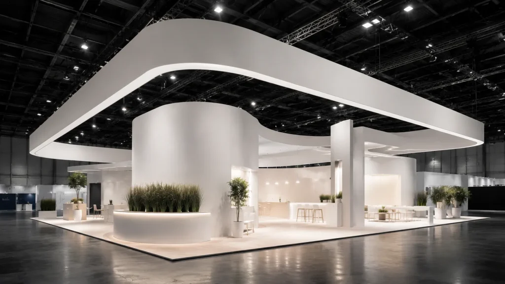 Truss doek als strakke afwerking van een moderne beursstand met Aluflex vormen en witte textielbespanning.