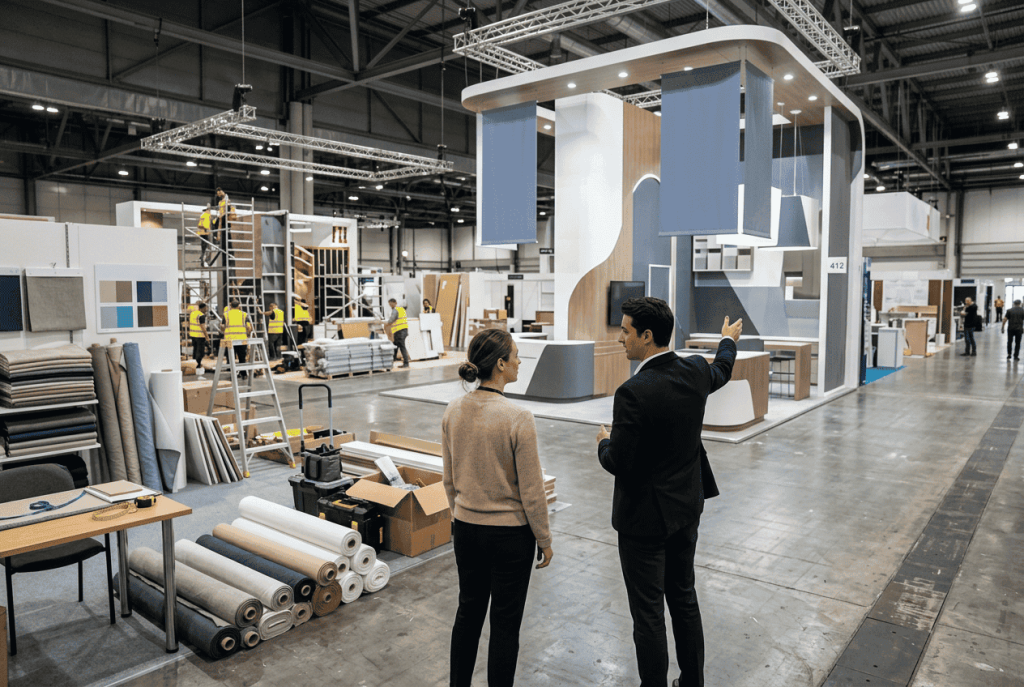 Adviesgesprek bij standbouw met stofrollen en materiaalstalen op de vloer